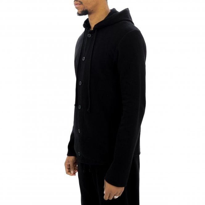 Hannes Roether Herringbone Hooded Button Through Black Jacket