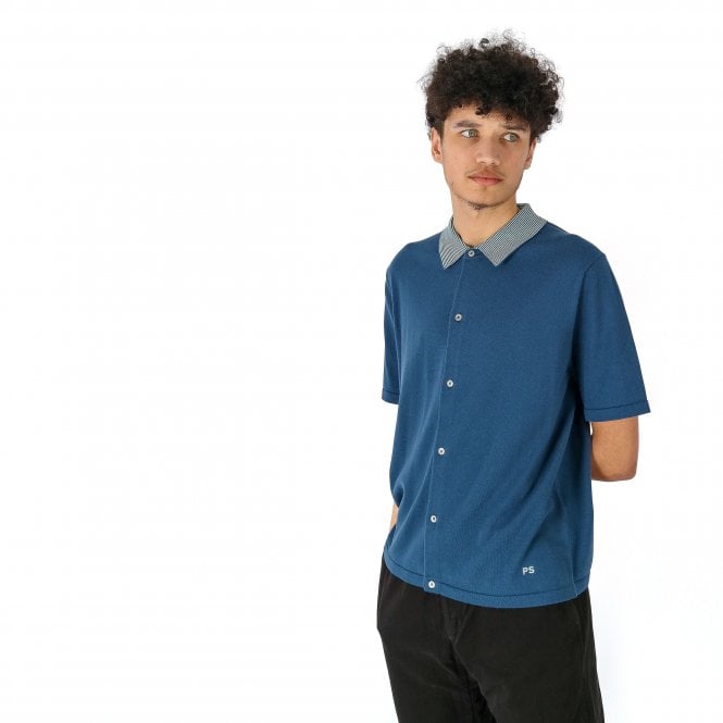 Paul Smith PS Button Through Striped Short Sleeve Turquoise Shirt